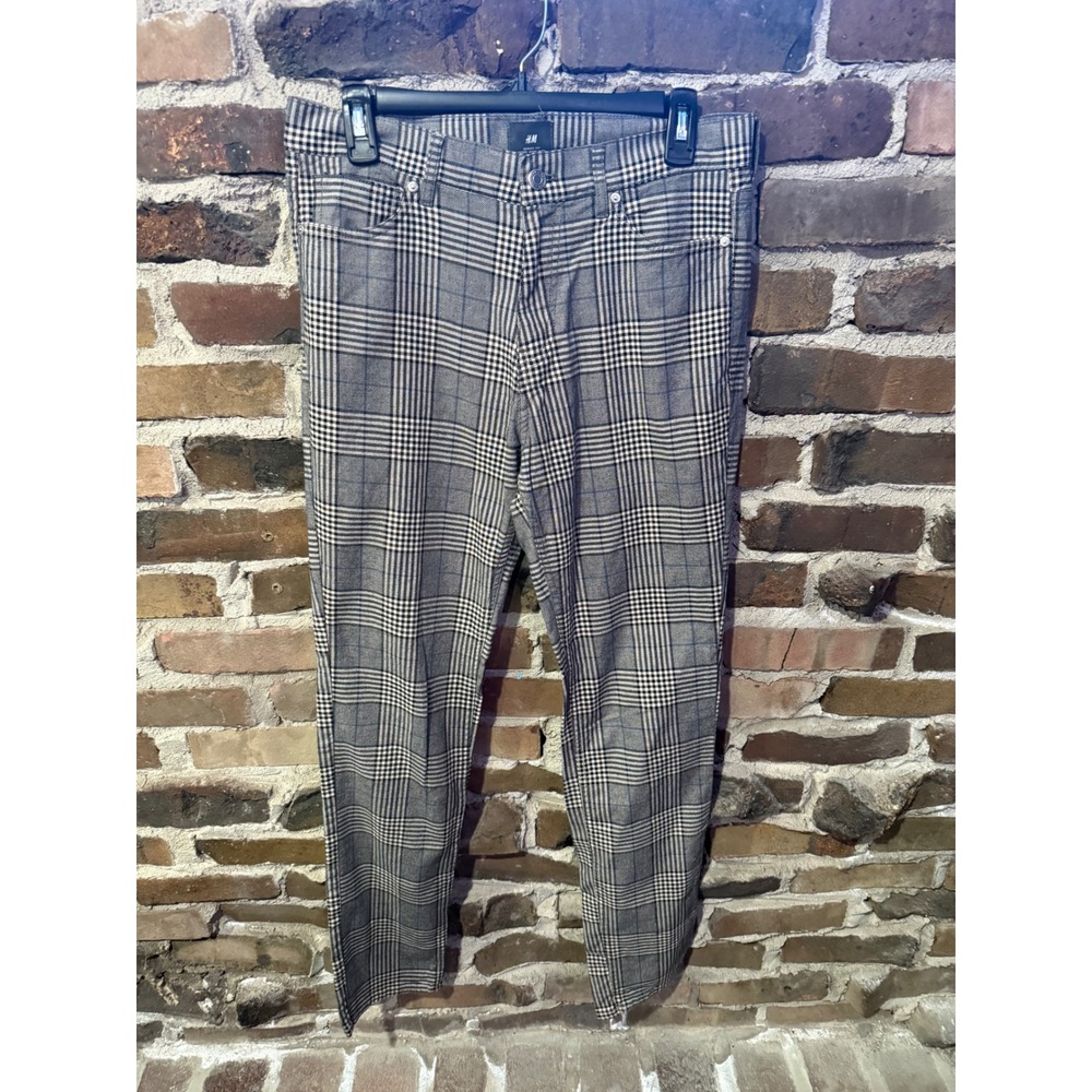 H&M Skinny Fit Pants Mens 30 Grey Glen Plaid Preppy Dark Academia Trousers